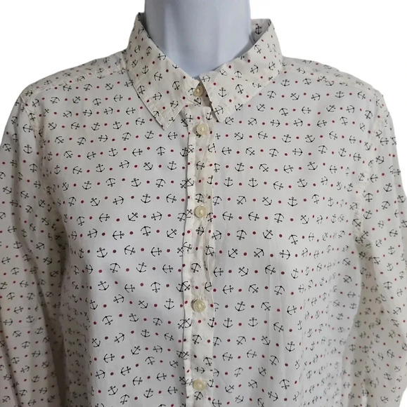 VTG Benetton Anchor Print Button Up Shirt Women S Nautical Coastal Preppy - Picture 3 of 8